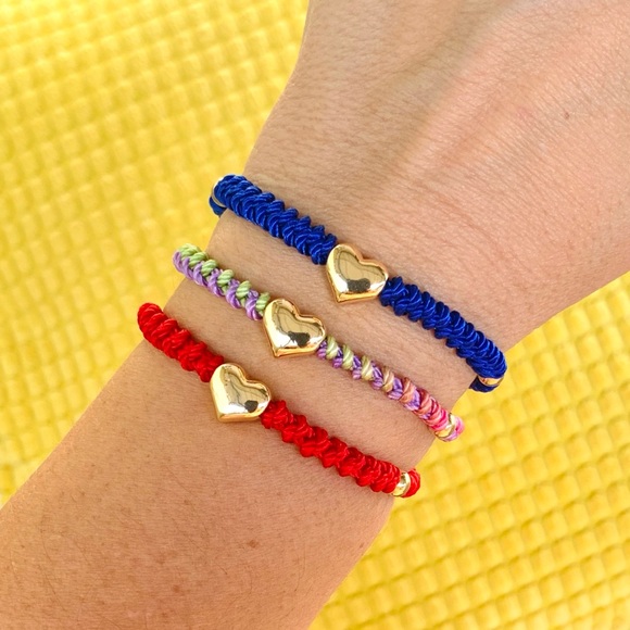 Stainless Steel Golden Puffed Heart Adjustable Macrame Bracelet Red - Picture 5 of 5